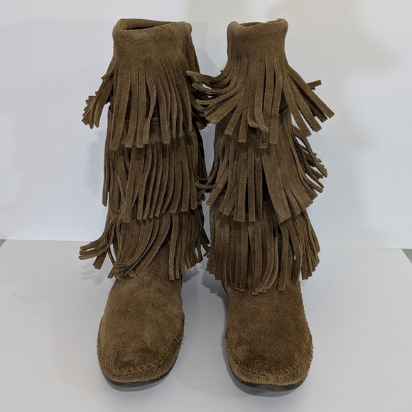 Minnetonka Triple Fringe Moccasin Boots - Size 8 Womens - Brown Tan - Picture 3 of 8